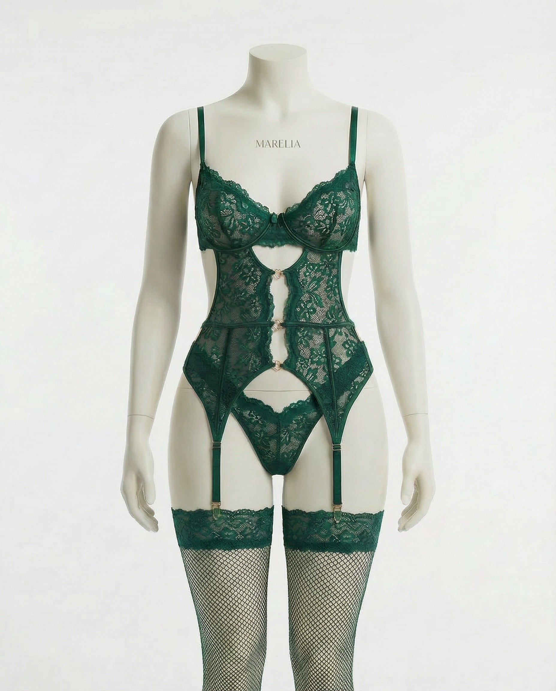 Marelia - Lace Bra Suspender Belt Brief And Stockings Set