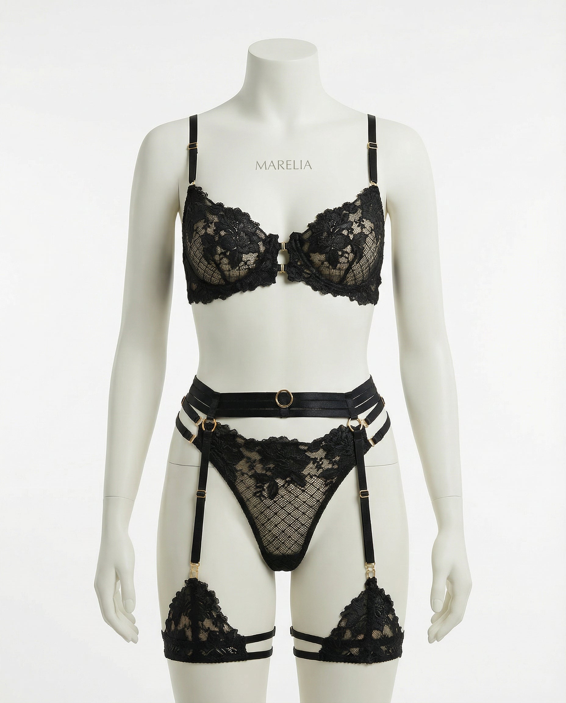 Marelia - Lace Bra Suspender Belt G-String And Thigh Garter Set