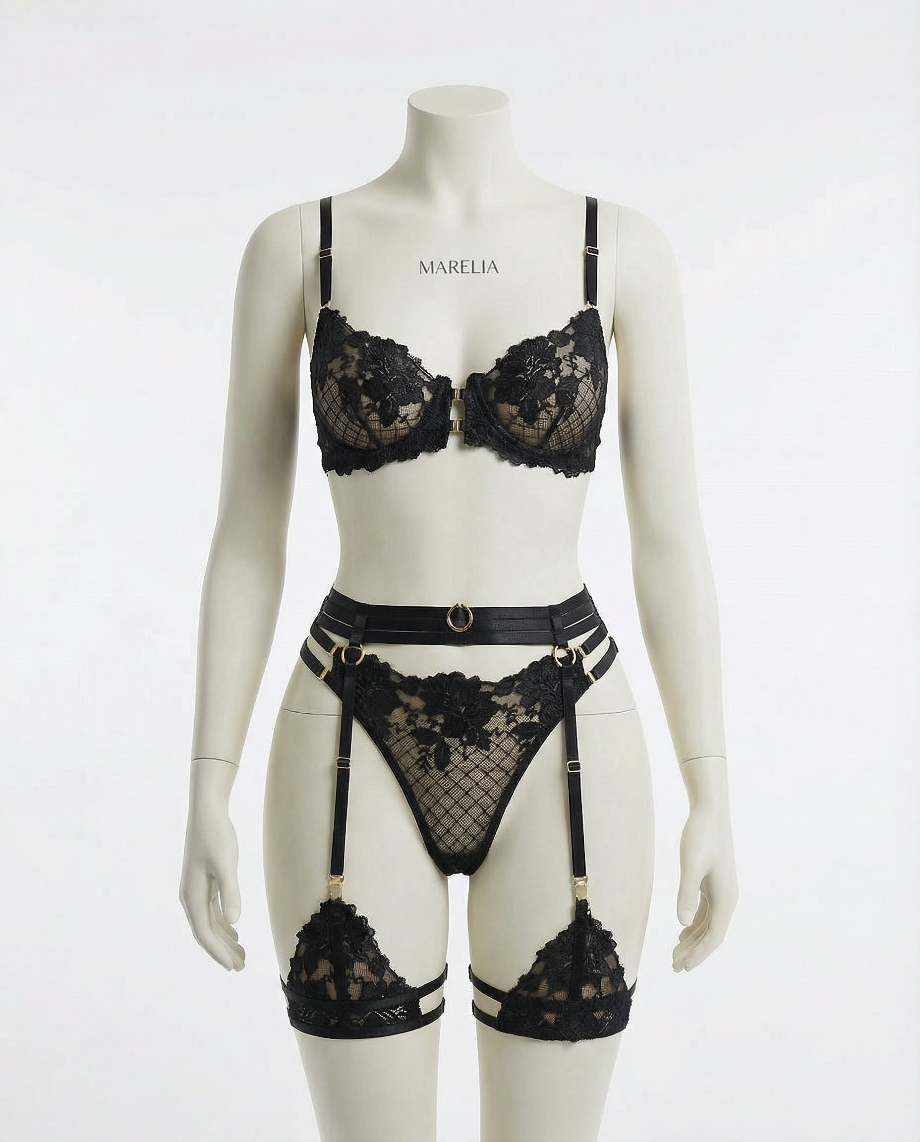 Marelia - Lace Bra Suspender Belt G-String And Thigh Garter Set