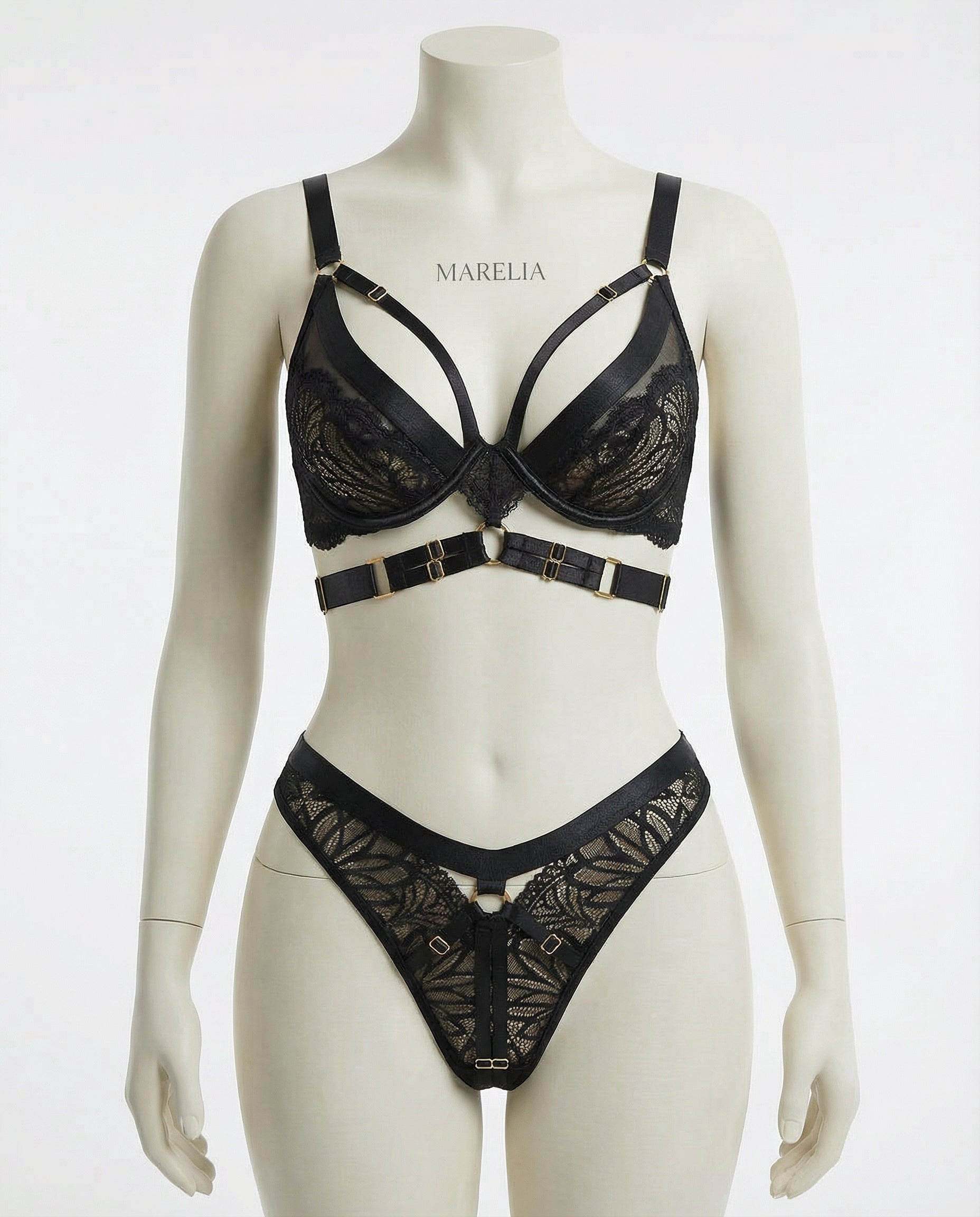 Marelia - Lace Bra With Body Harness And High Waist Brief Set