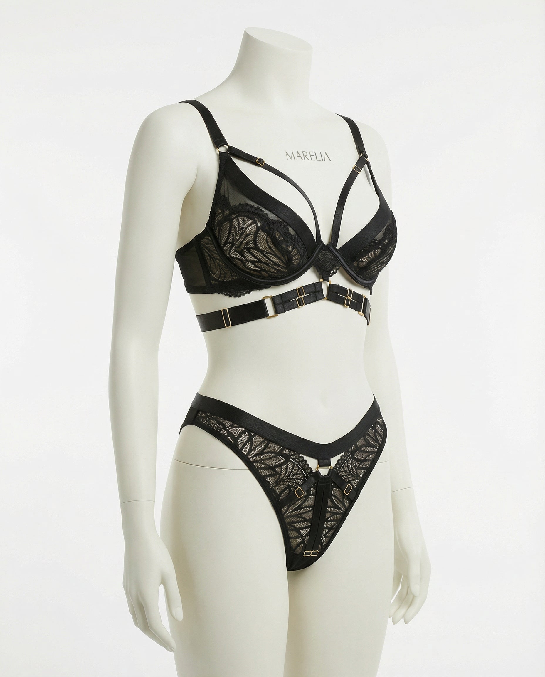 Marelia - Lace Bra With Body Harness And High Waist Brief Set