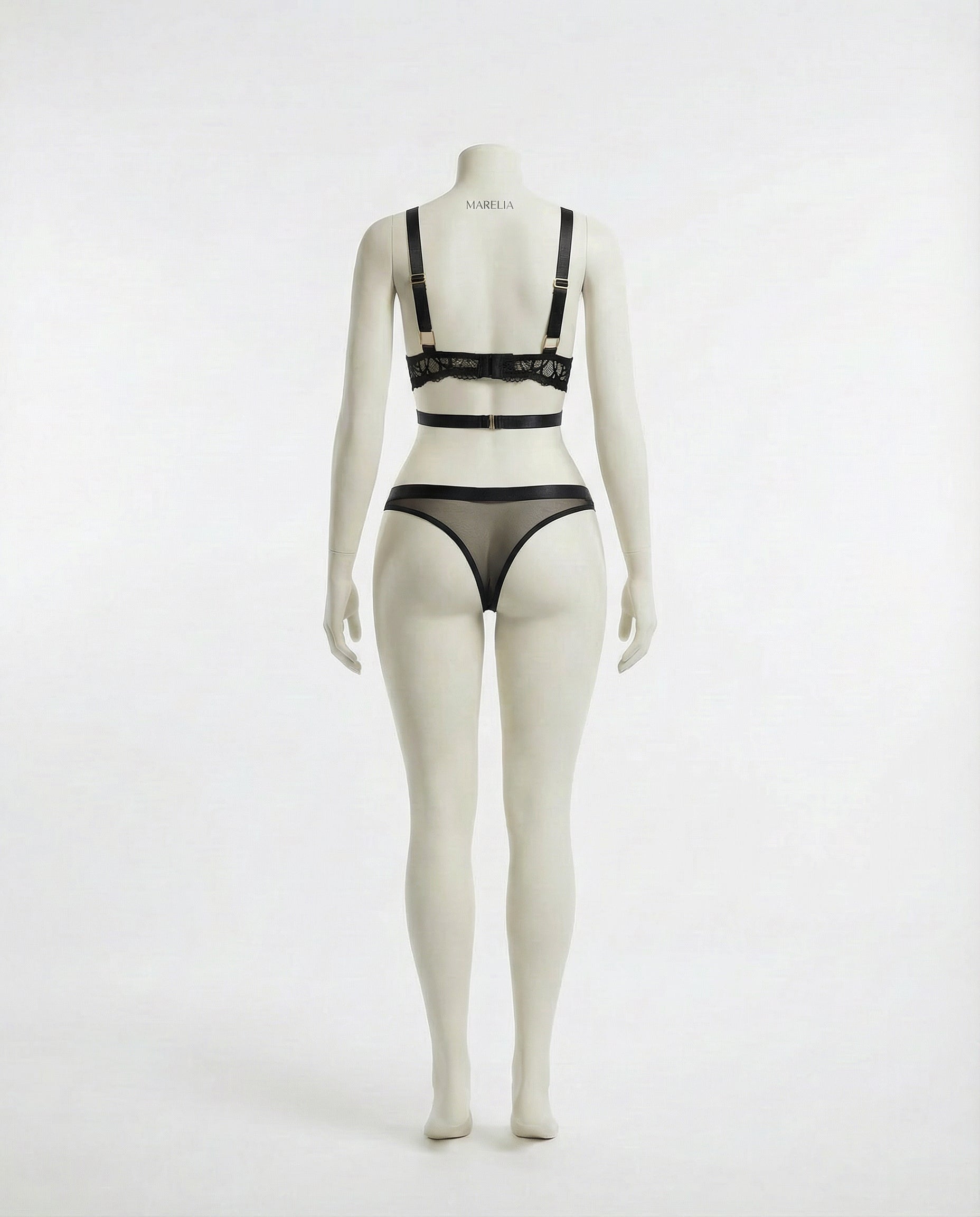 Marelia - Lace Bra With Body Harness And High Waist Brief Set
