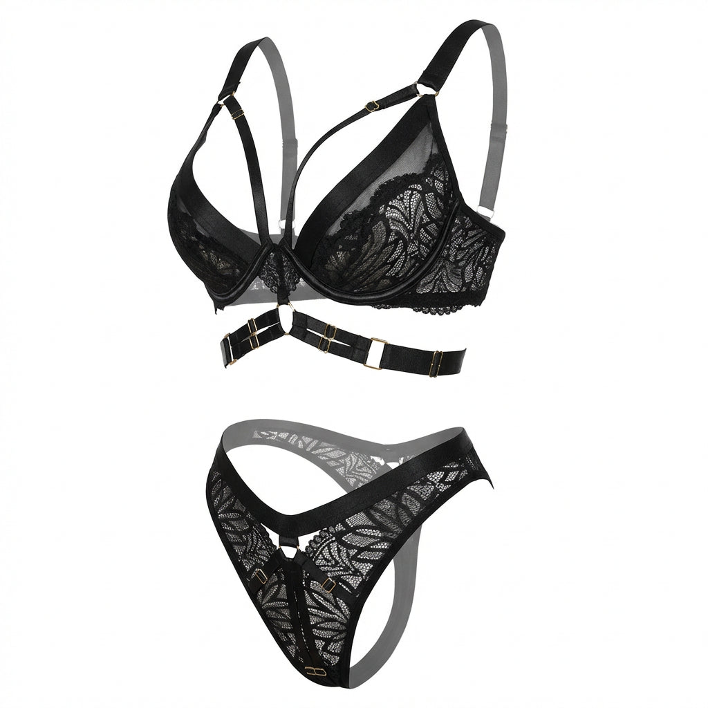 Marelia - Lace Bra With Body Harness And High Waist Brief Set