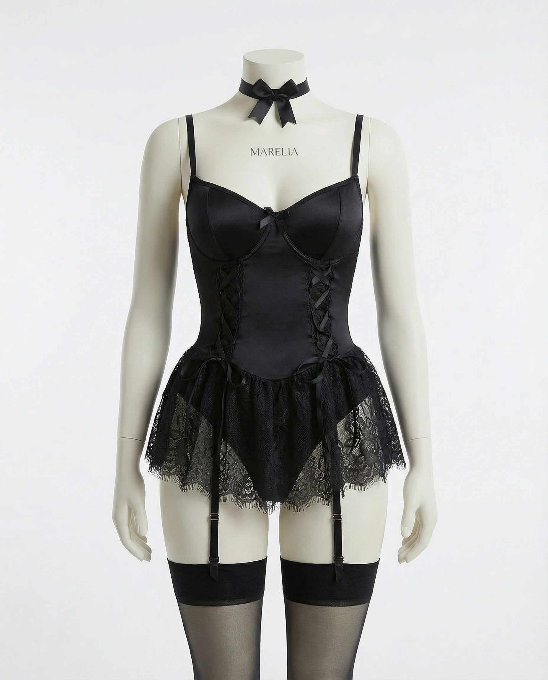 Marelia - Lace Ruffle Bustier Teddy With Garter Straps