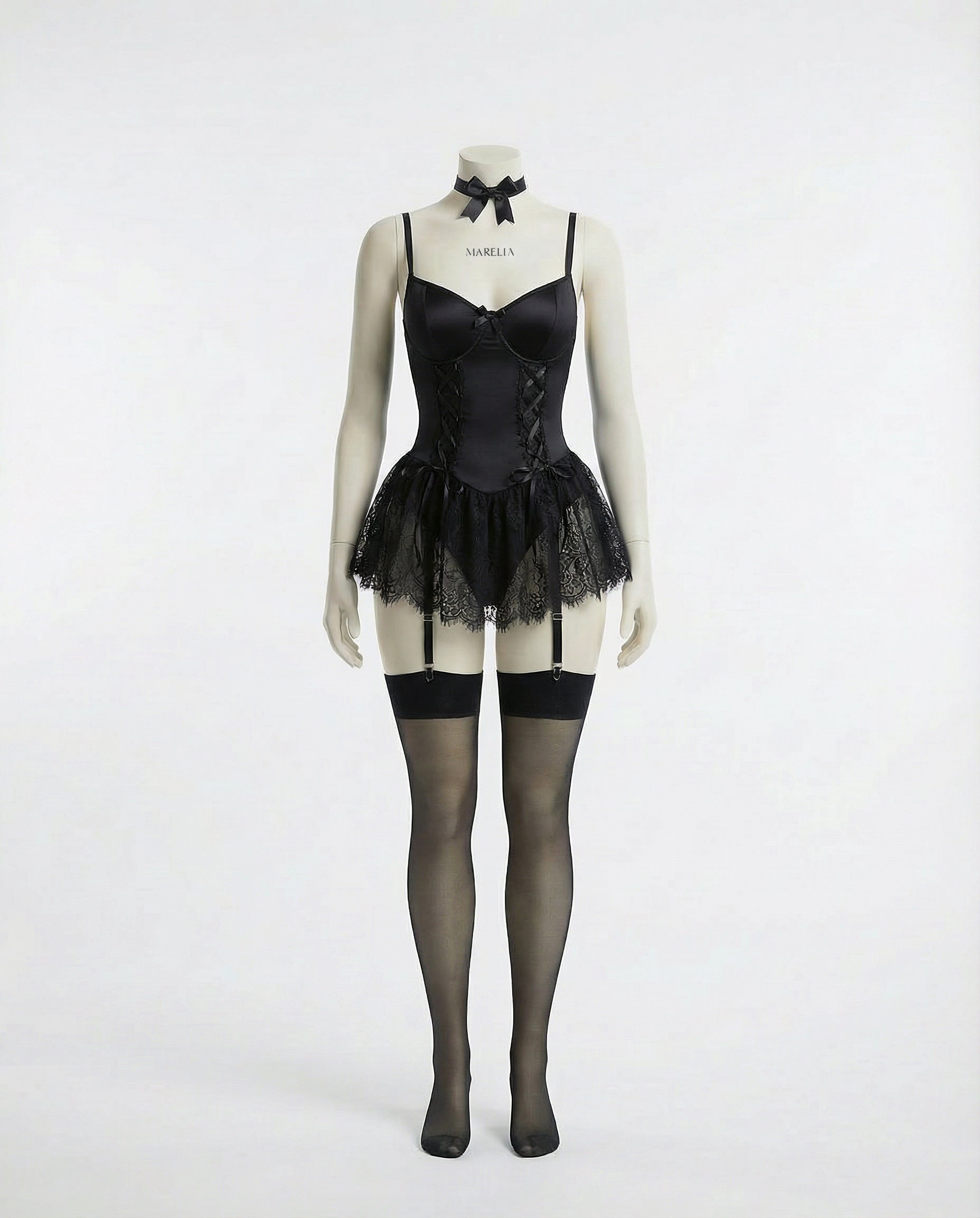 Marelia - Lace Ruffle Bustier Teddy With Garter Straps