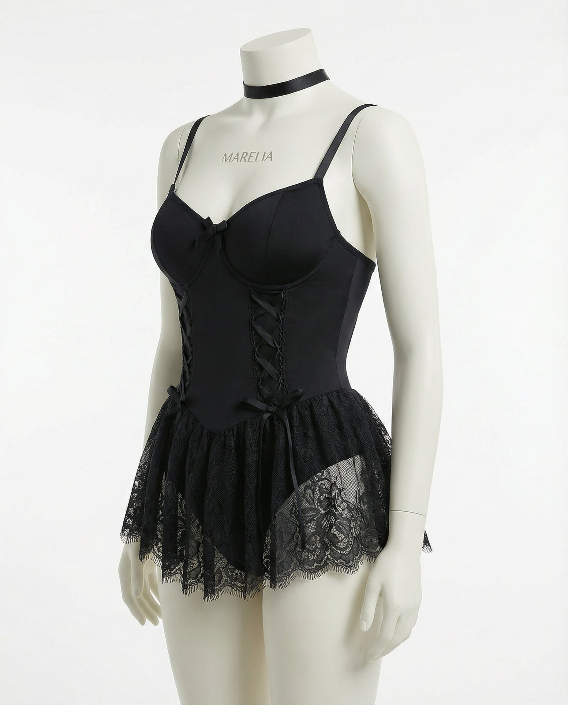 Marelia - Lace Ruffle Bustier Teddy With Garter Straps