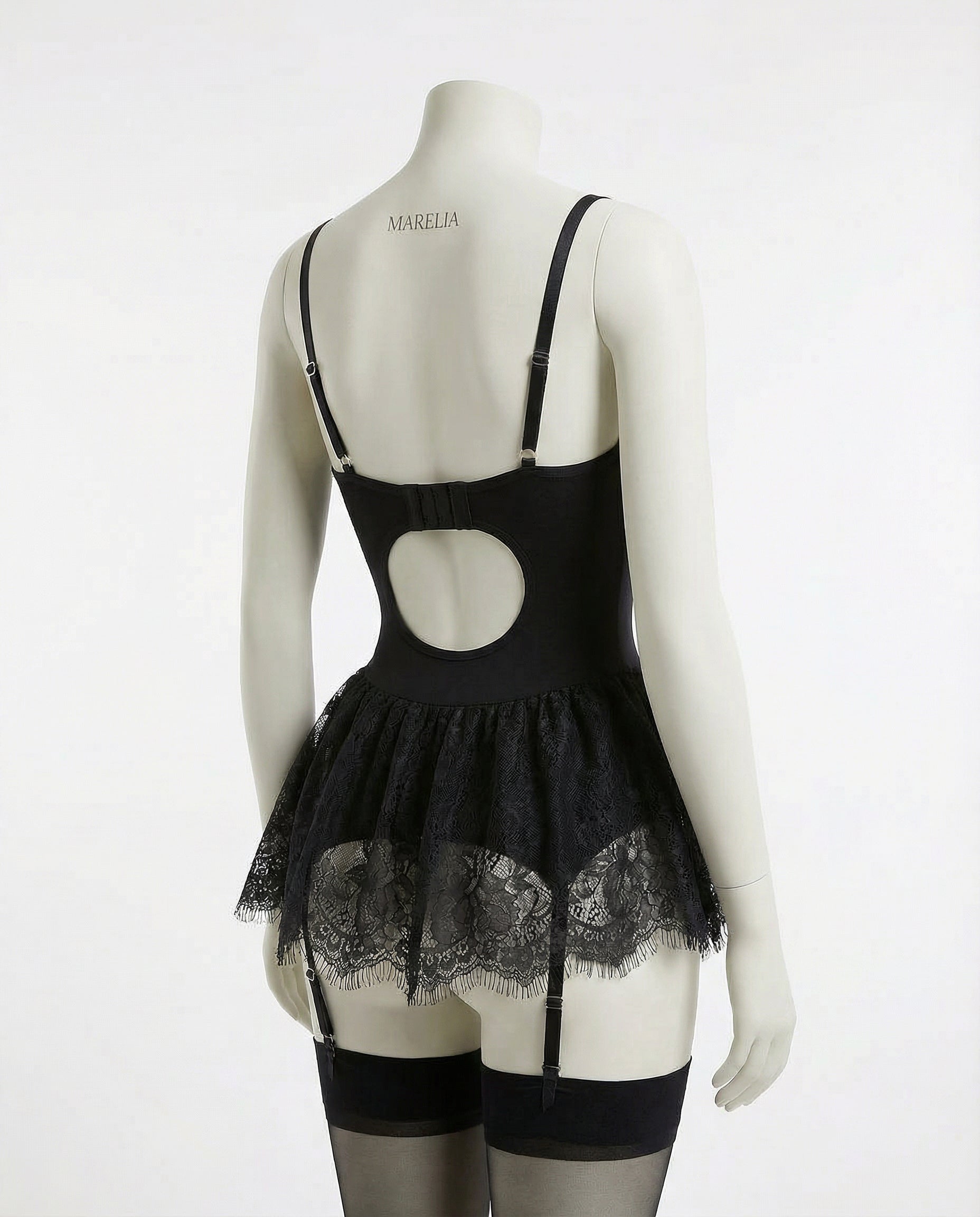 Marelia - Lace Ruffle Bustier Teddy With Garter Straps