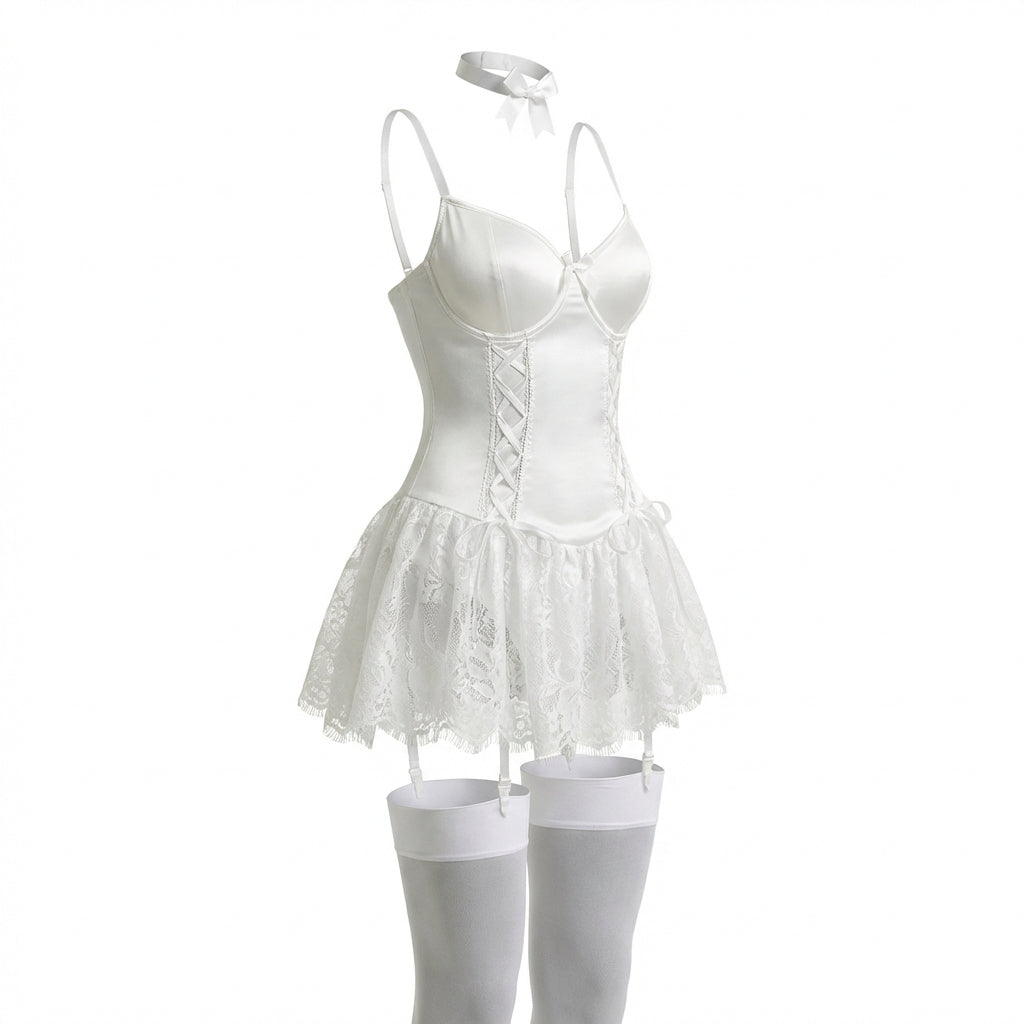 Marelia - Lace Ruffle Bustier Teddy With Garter Straps