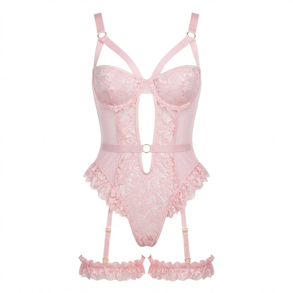 Marelia - Lace Underwire Bodysuit With Garter Straps