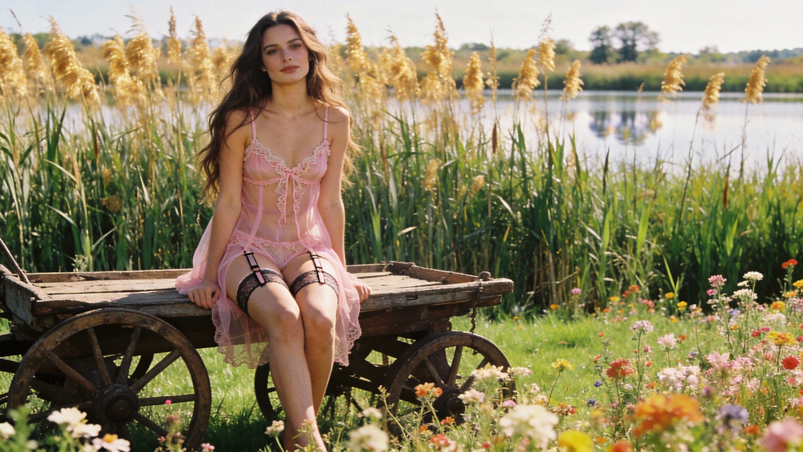 Model wearing a pink lace lingerie dress sitting on a wooden cart beside a lake and tall reeds.