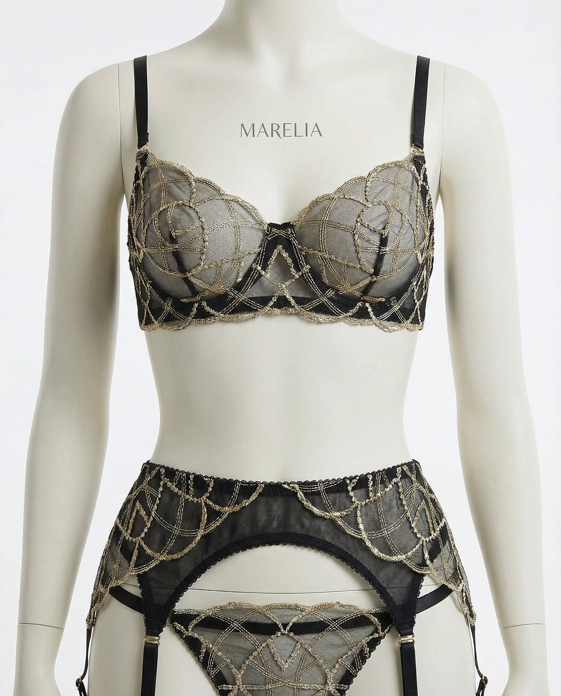 Marelia - Pearl Embellished Lace Bra Suspender Belt And Thong Set