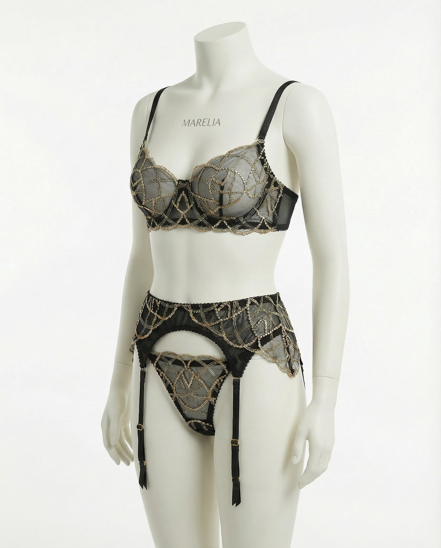 Marelia - Pearl Embellished Lace Bra Suspender Belt And Thong Set