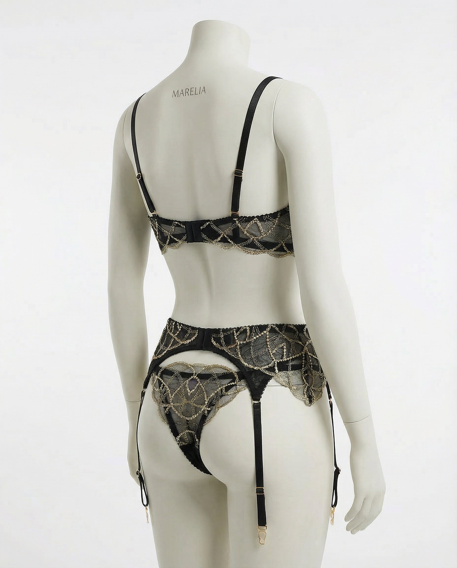 Marelia - Pearl Embellished Lace Bra Suspender Belt And Thong Set