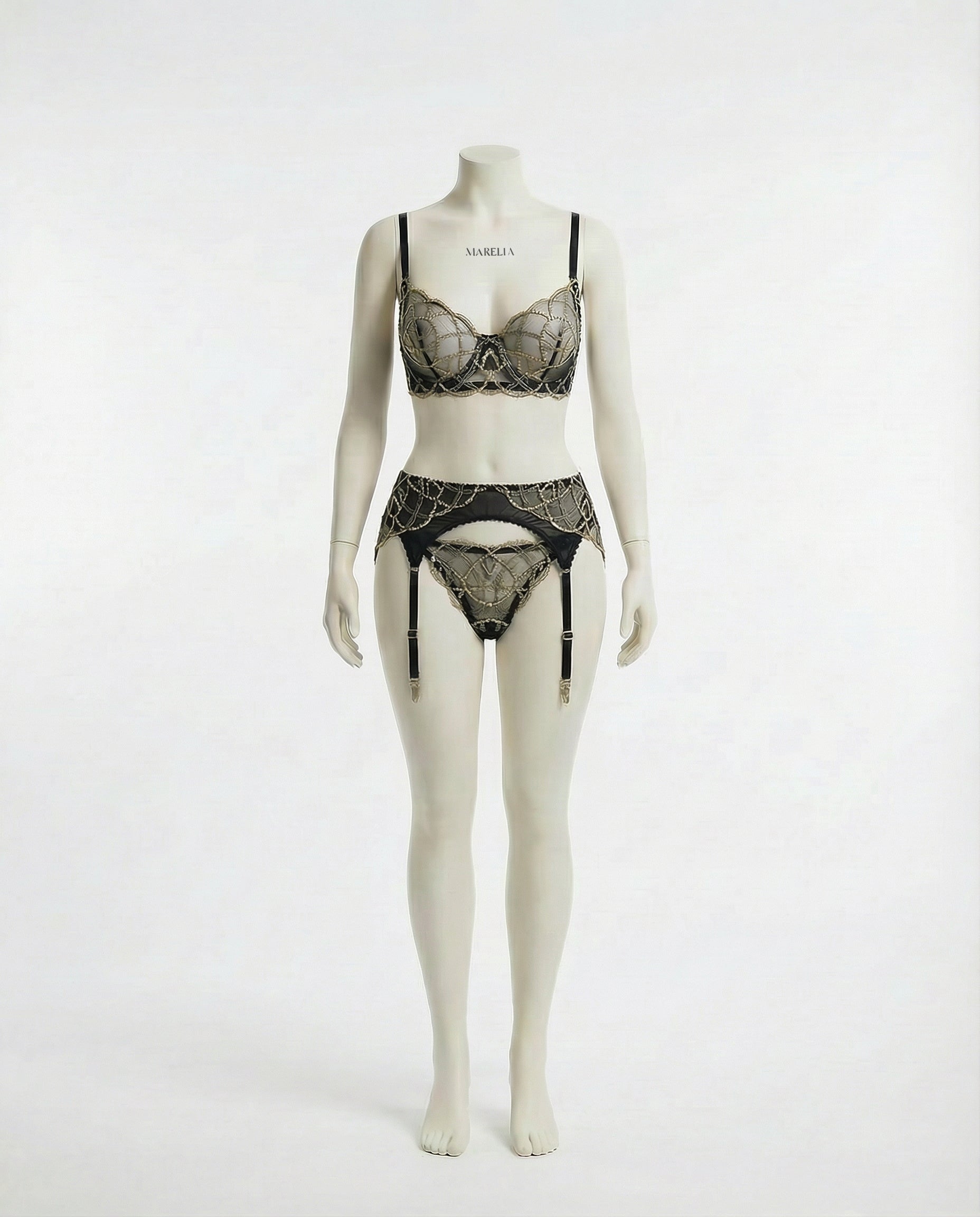 Marelia - Pearl Embellished Lace Bra Suspender Belt And Thong Set