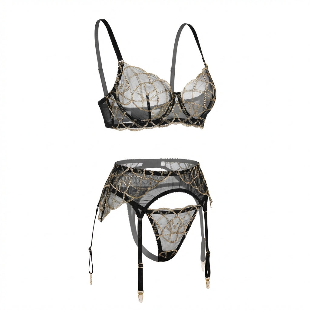 Marelia - Pearl Embellished Lace Bra Suspender Belt And Thong Set