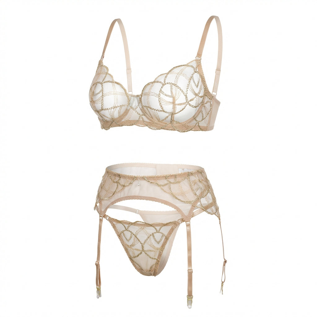 Marelia - Pearl Embellished Lace Bra Suspender Belt And Thong Set