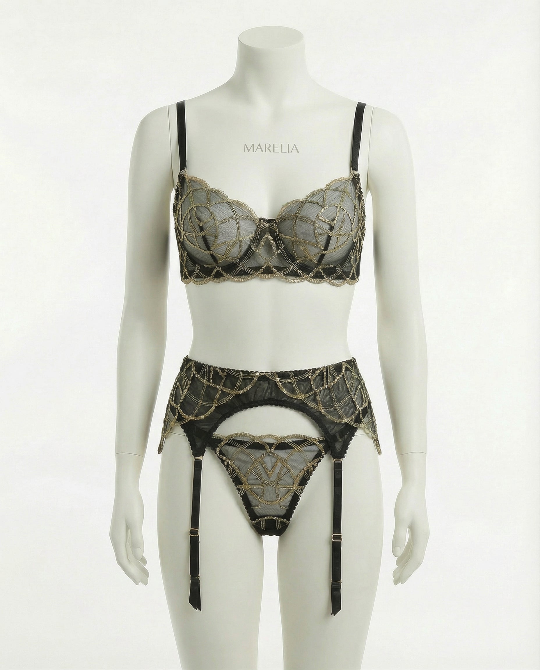 Marelia - Pearl Embellished Lace Bra Suspender Belt And Thong Set