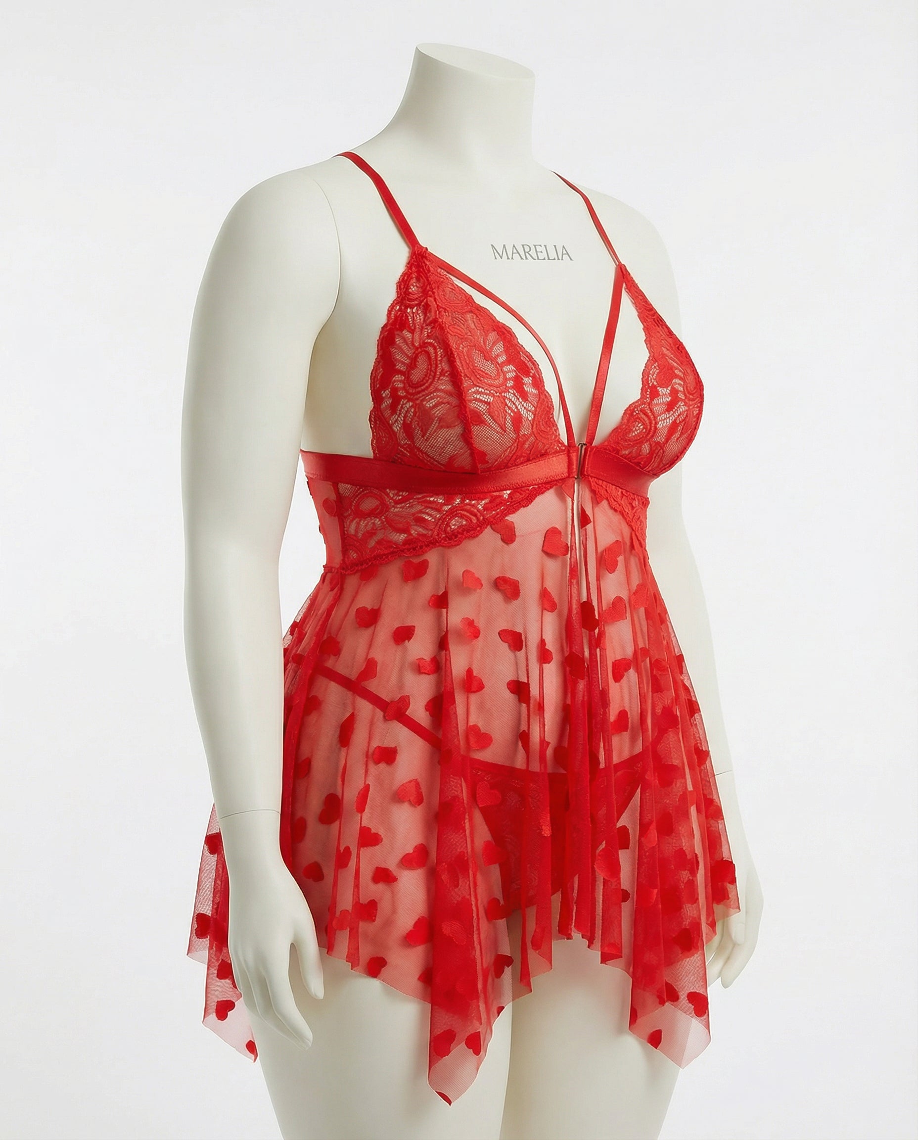 Marelia - Plus Size Heart Print Mesh Babydoll With G-String
