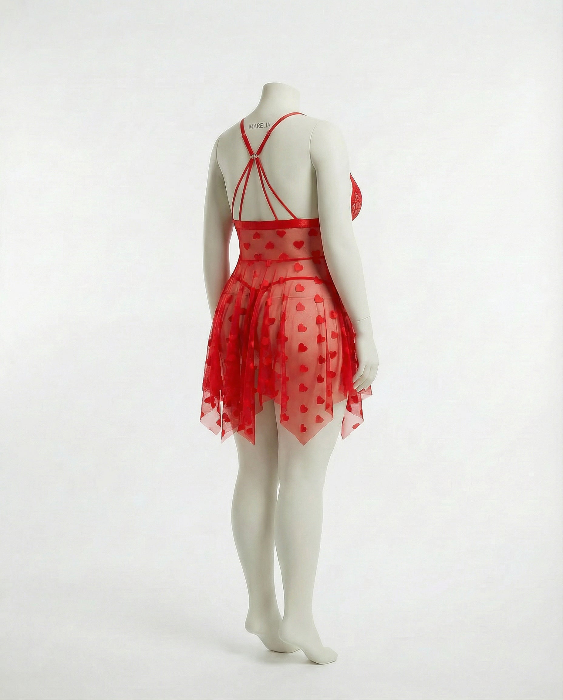 Marelia - Plus Size Heart Print Mesh Babydoll With G-String