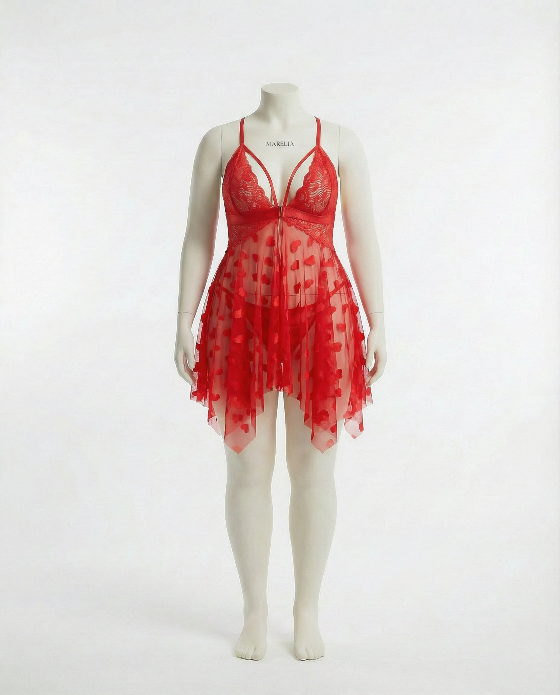 Marelia - Plus Size Heart Print Mesh Babydoll With G-String