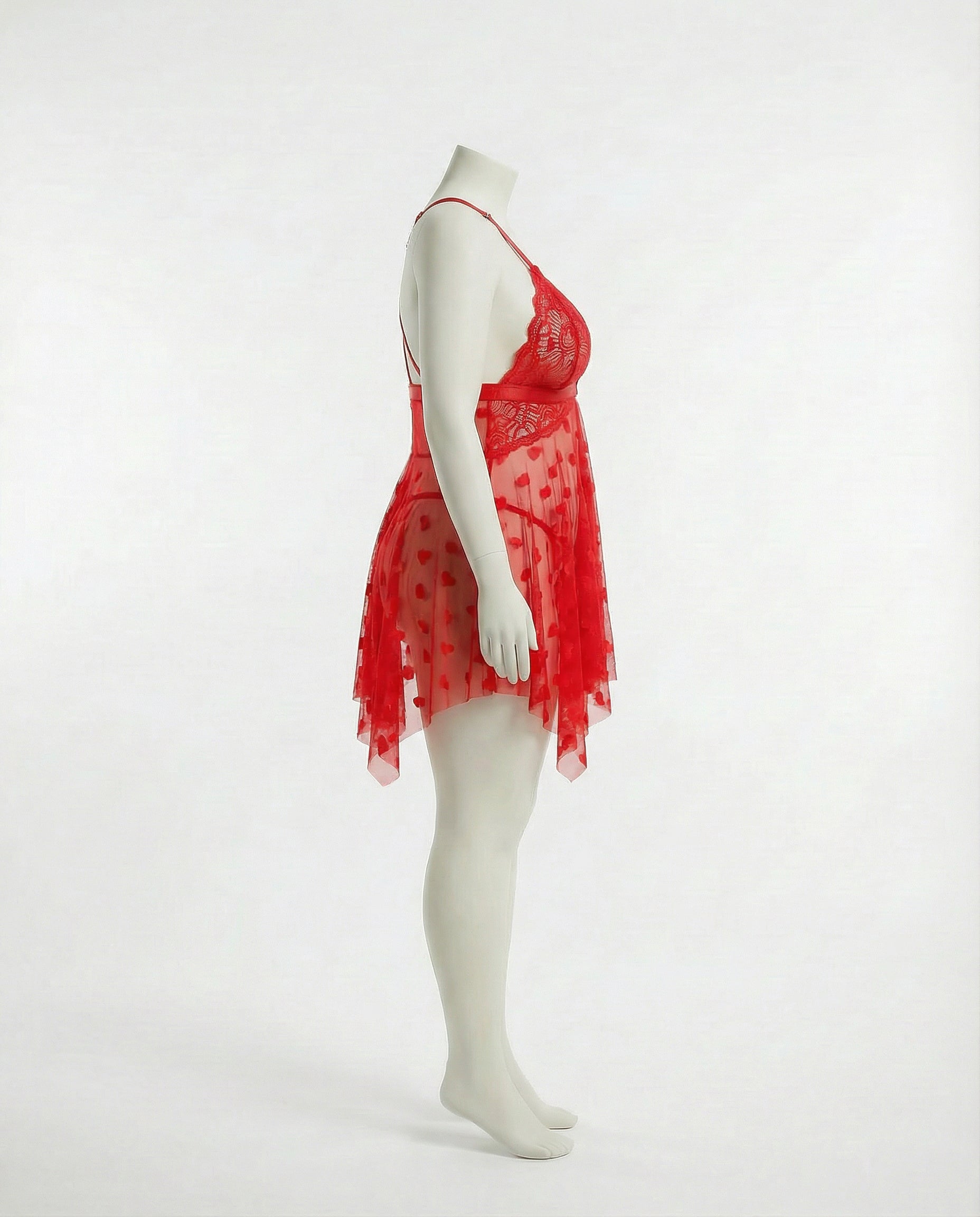 Marelia - Plus Size Heart Print Mesh Babydoll With G-String