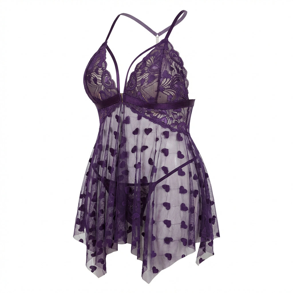 Marelia - Plus Size Heart Print Mesh Babydoll With G-String