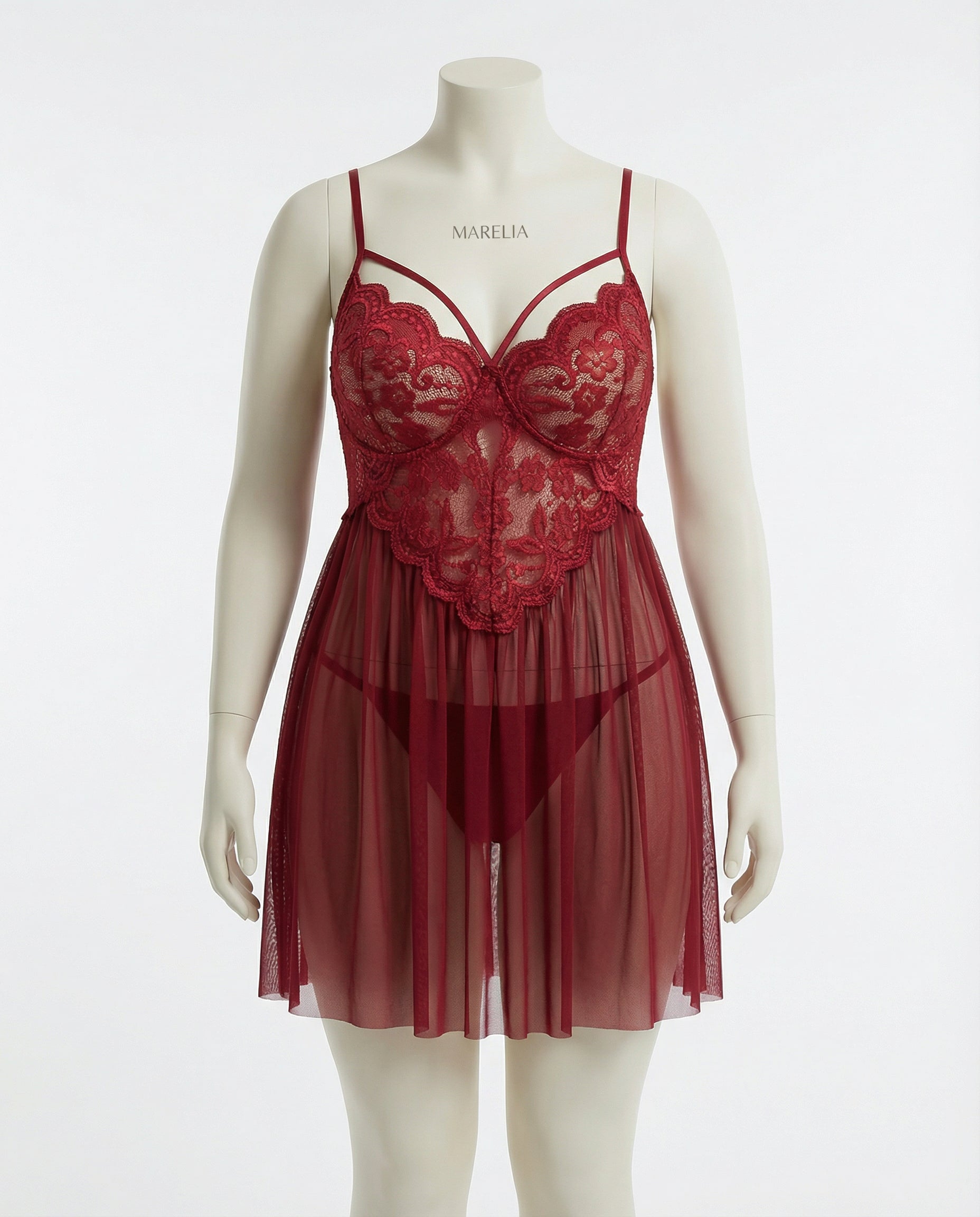 Marelia - Plus Size Lace Babydoll With Pleated Mesh Skirt And Thong