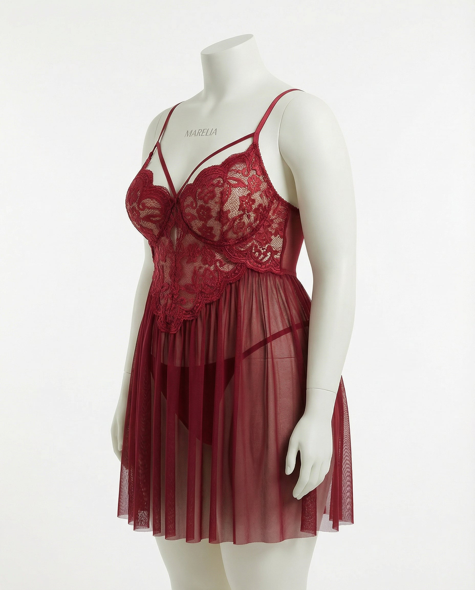 Marelia - Plus Size Lace Babydoll With Pleated Mesh Skirt And Thong