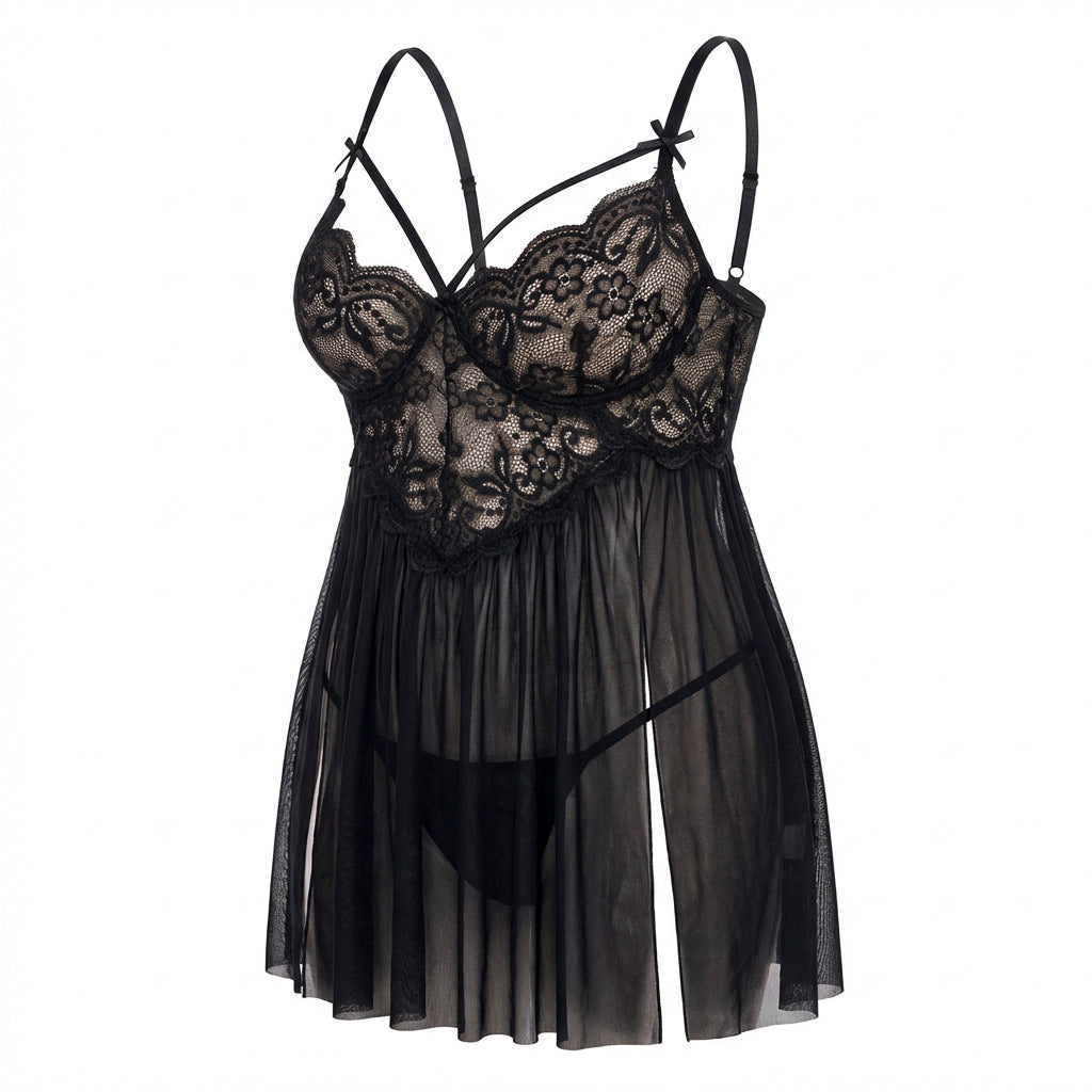 Marelia - Plus Size Lace Babydoll With Pleated Mesh Skirt And Thong
