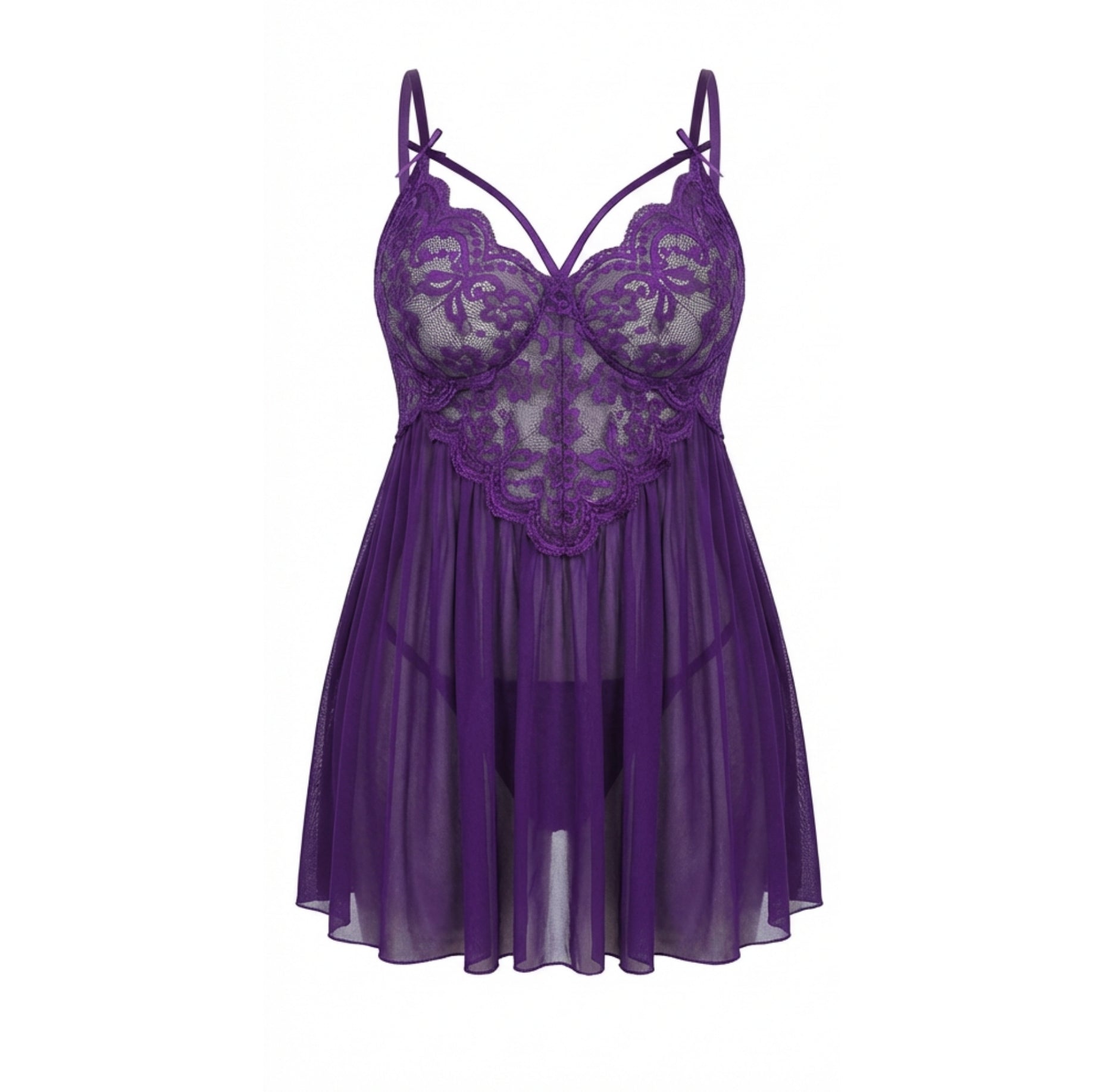 Marelia - Plus Size Lace Babydoll With Pleated Mesh Skirt And Thong