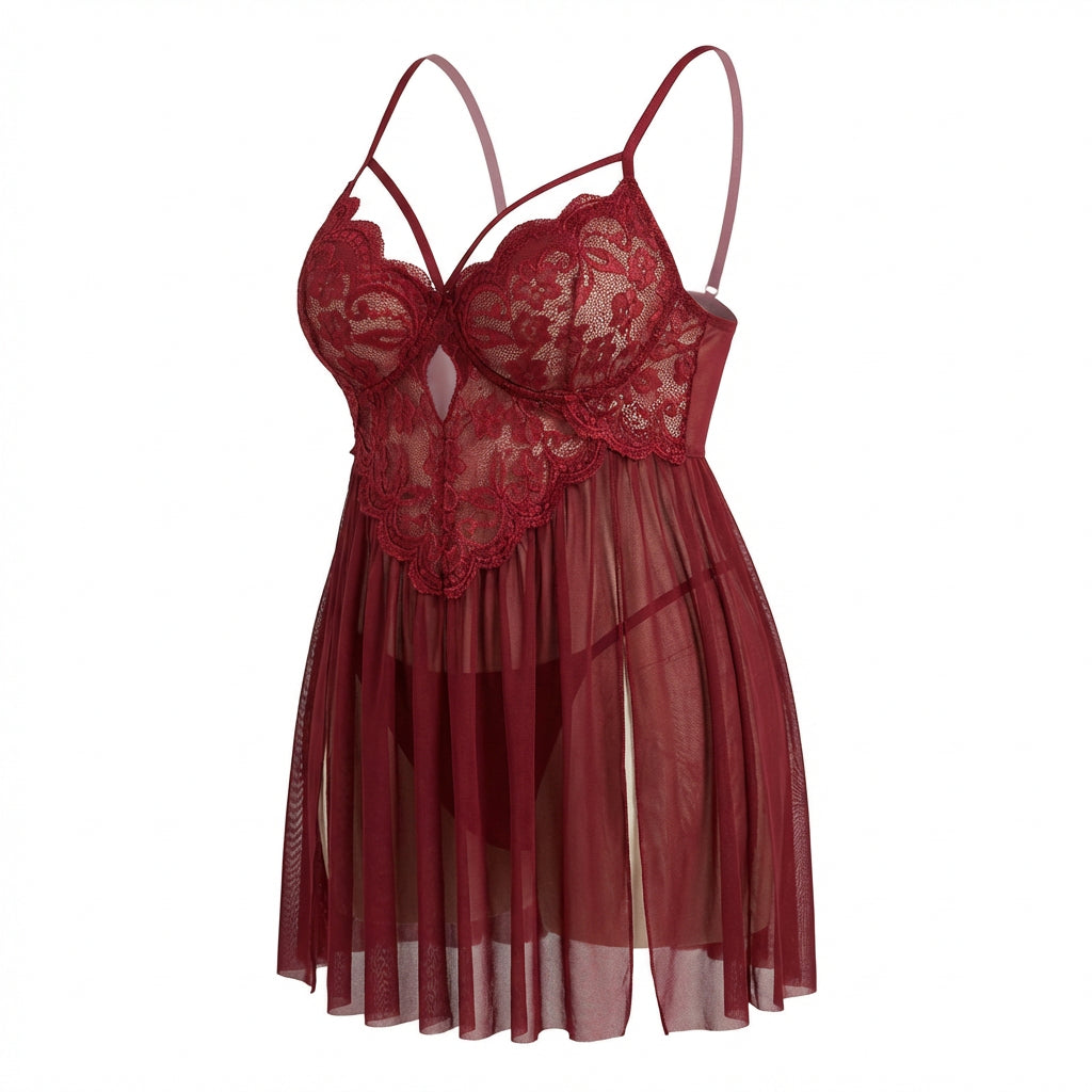 Marelia - Plus Size Lace Babydoll With Pleated Mesh Skirt And Thong
