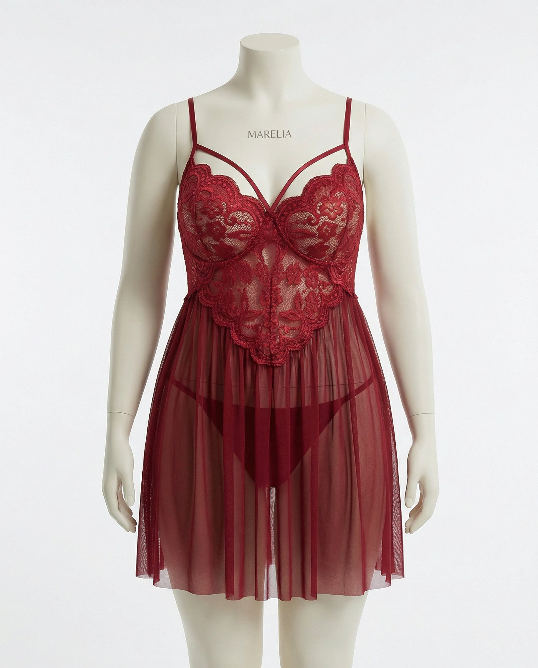 Marelia - Plus Size Lace Babydoll With Pleated Mesh Skirt And Thong