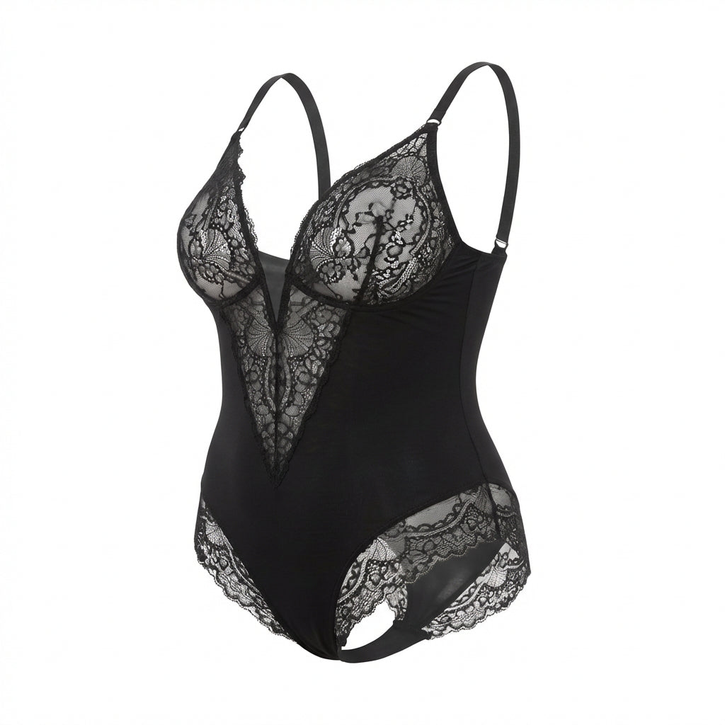 Marelia - Plus Size Lace Panel Bodysuit With Deep V-Neckline