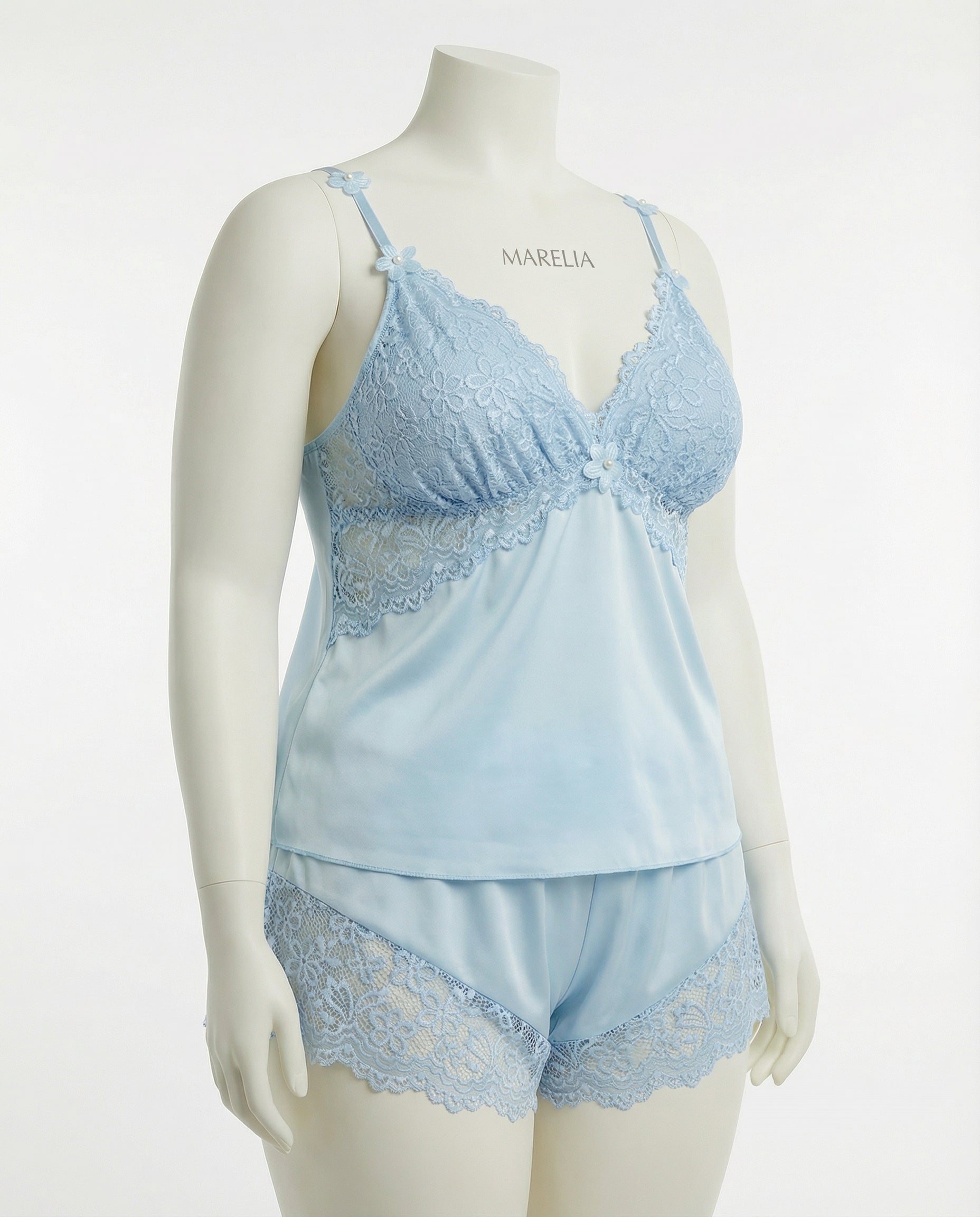 Marelia - Plus Size Lace Trim Camisole And Shorts Set