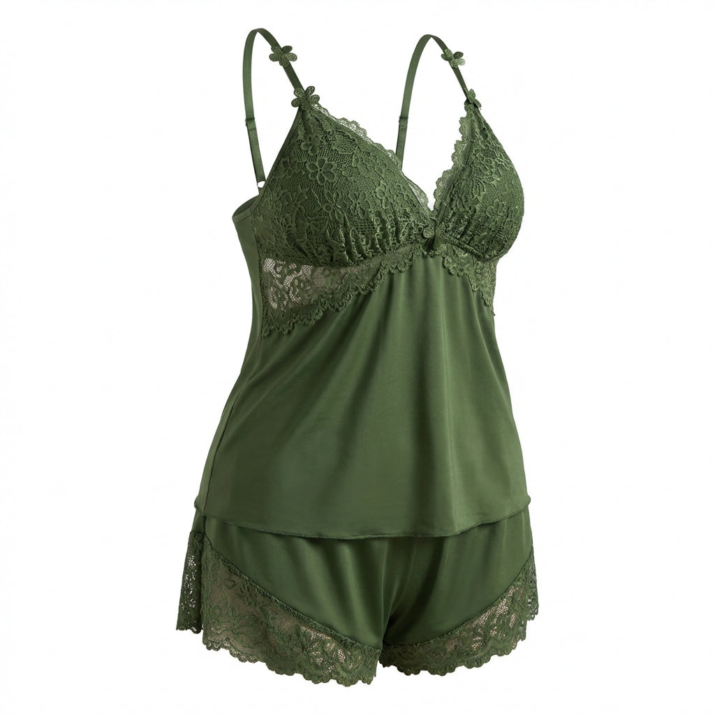 Marelia - Plus Size Lace Trim Camisole And Shorts Set