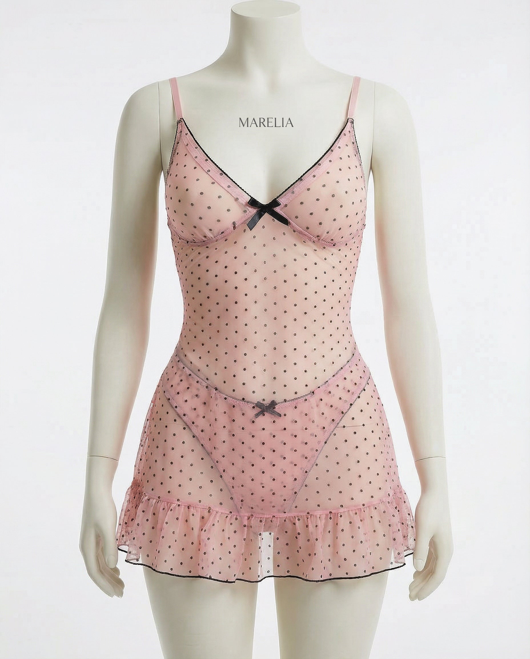 Marelia - Polka Dot Babydoll Chemise With Ruffle Trim And Brief Set