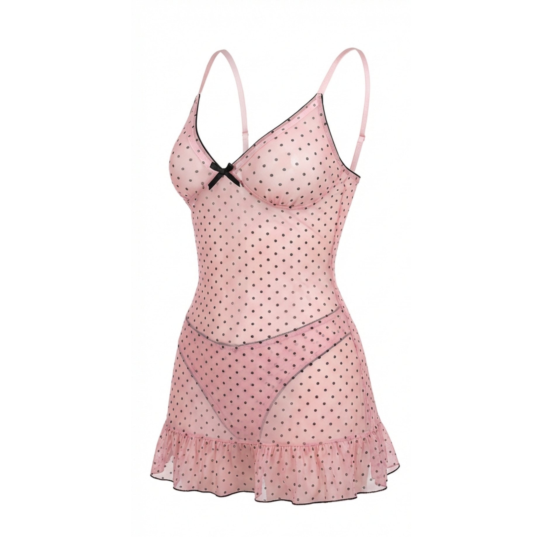 Marelia - Polka Dot Babydoll Chemise With Ruffle Trim And Brief Set