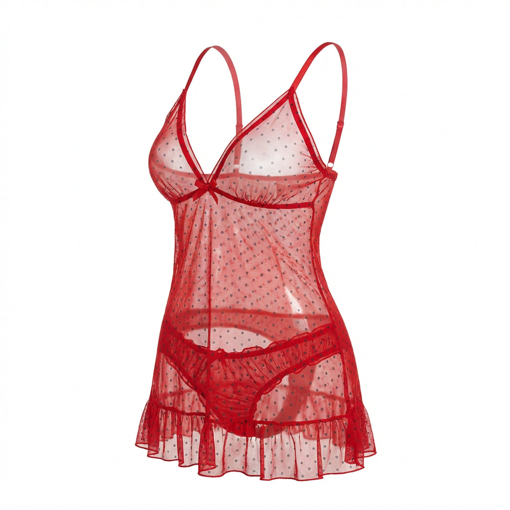 Marelia - Polka Dot Babydoll Chemise With Ruffle Trim And Brief Set