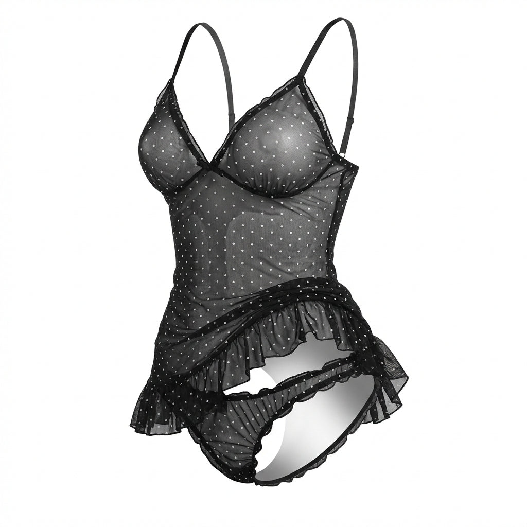 Marelia - Polka Dot Babydoll Chemise With Ruffle Trim And Brief Set