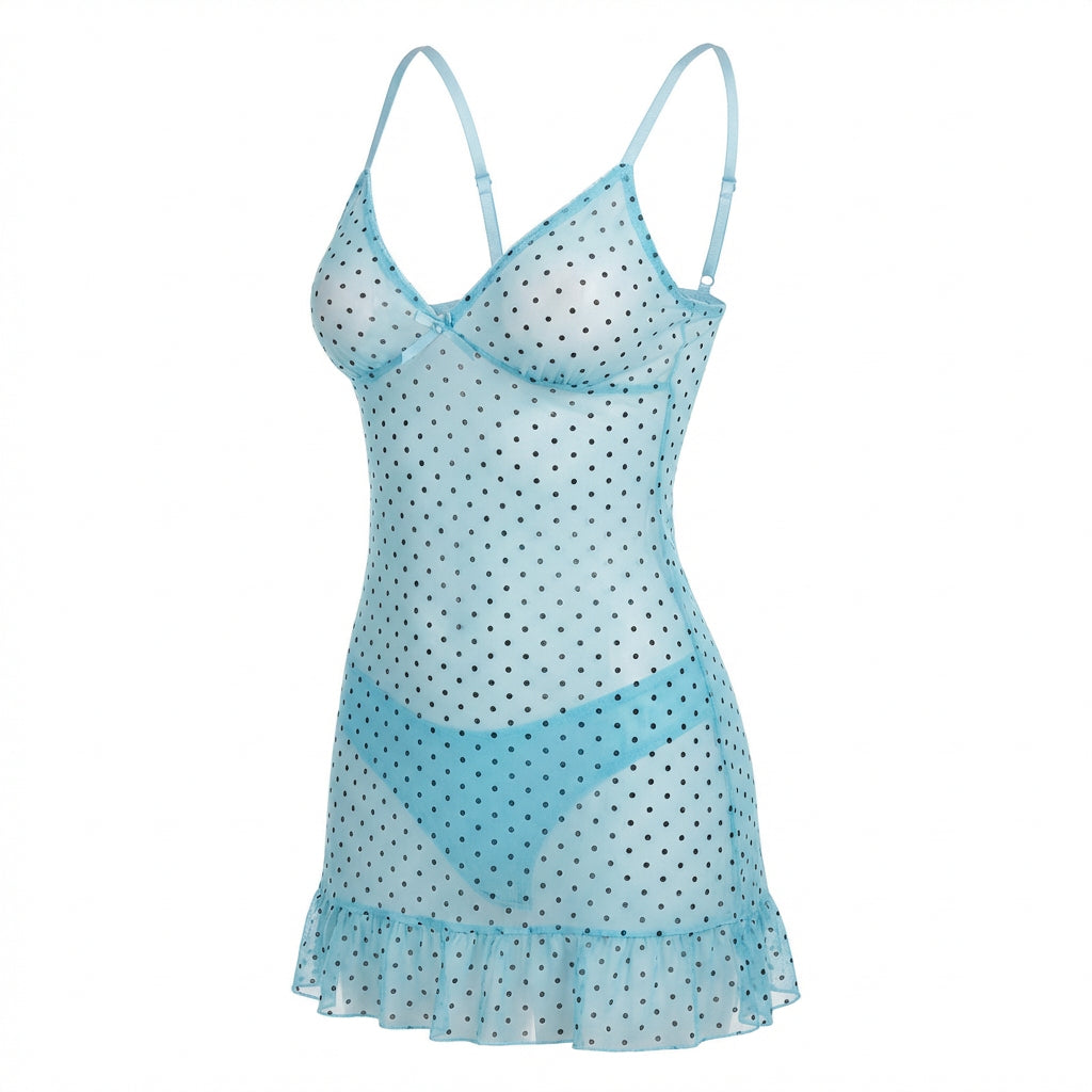 Marelia - Polka Dot Babydoll Chemise With Ruffle Trim And Brief Set