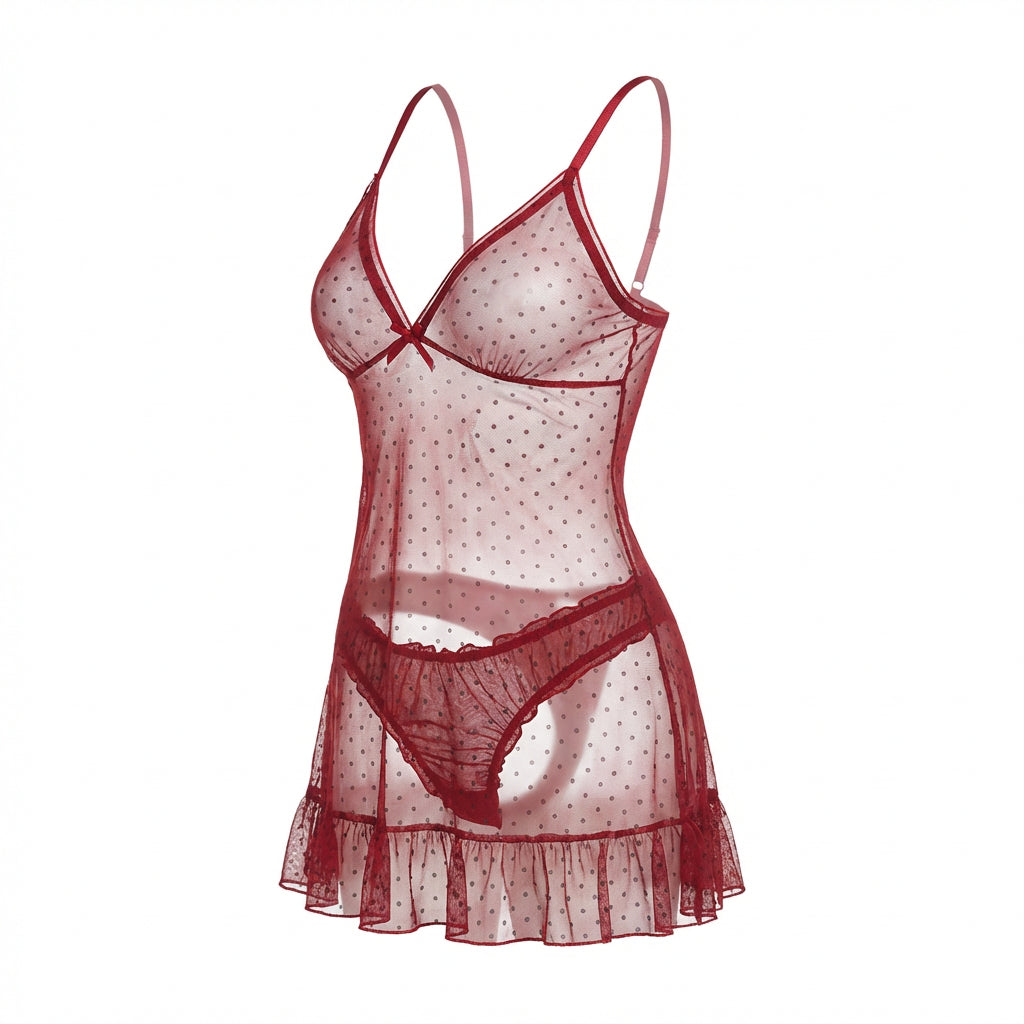 Marelia - Polka Dot Babydoll Chemise With Ruffle Trim And Brief Set