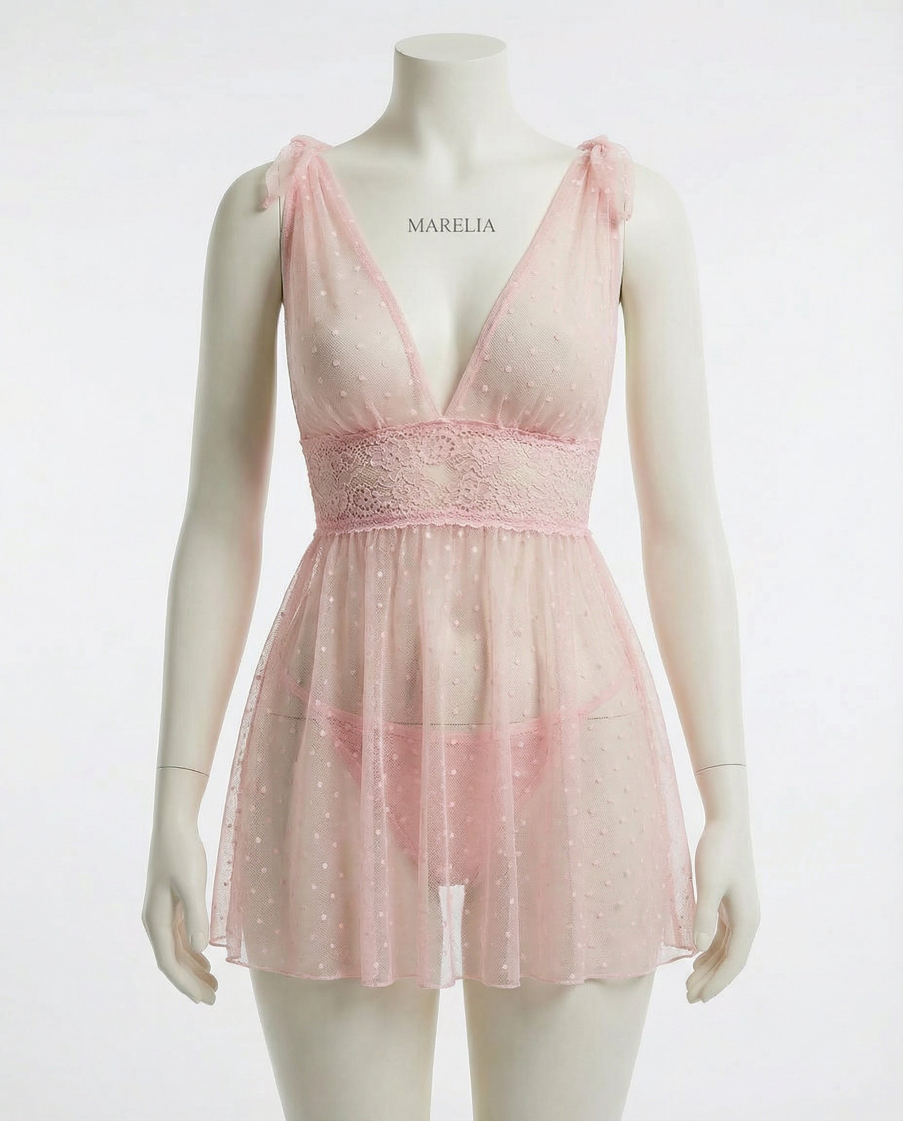 Marelia - Polka Dot Mesh Babydoll With Lace Waistband And Brief Set