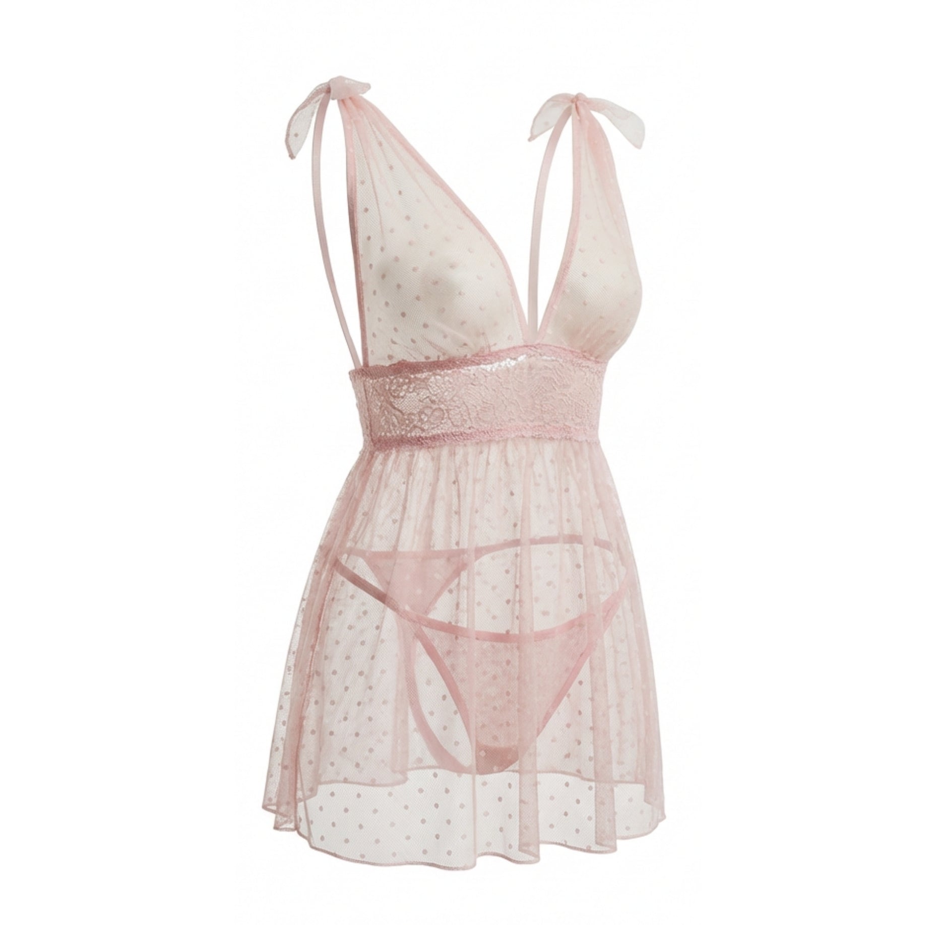 Marelia - Polka Dot Mesh Babydoll With Lace Waistband And Brief Set