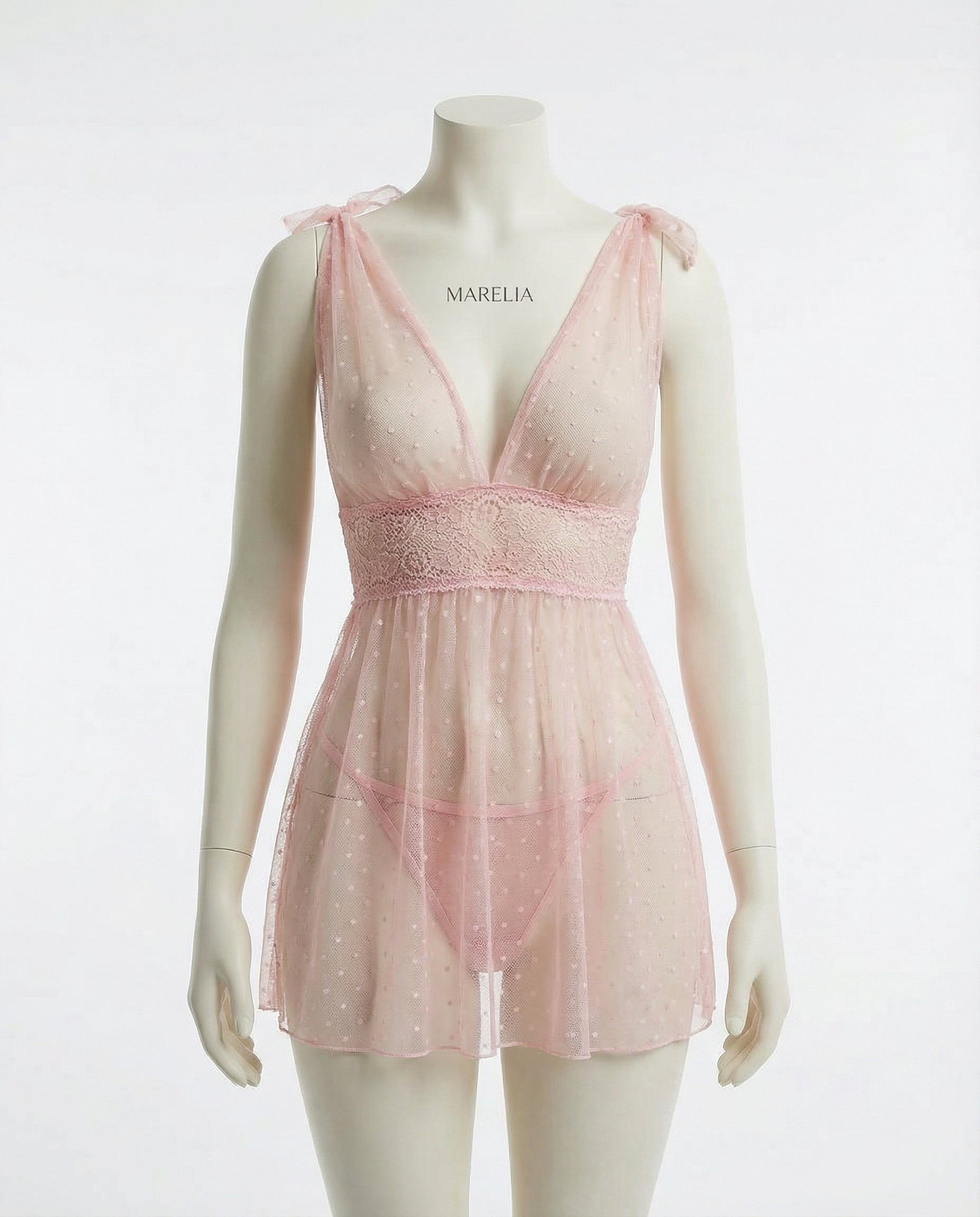 Marelia - Polka Dot Mesh Babydoll With Lace Waistband And Brief Set