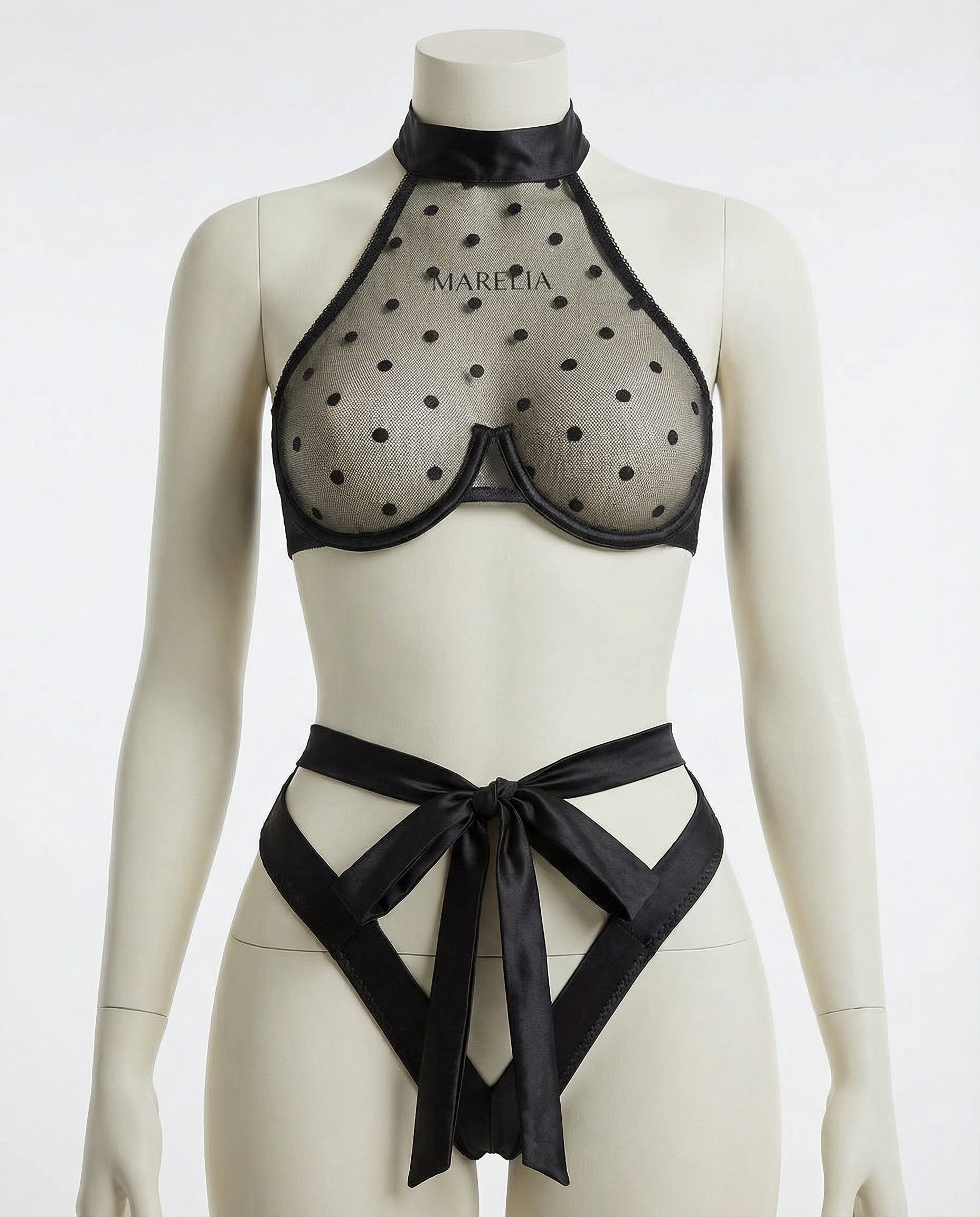 Marelia - Polka Dot Mesh Halter Bra And G-String Set