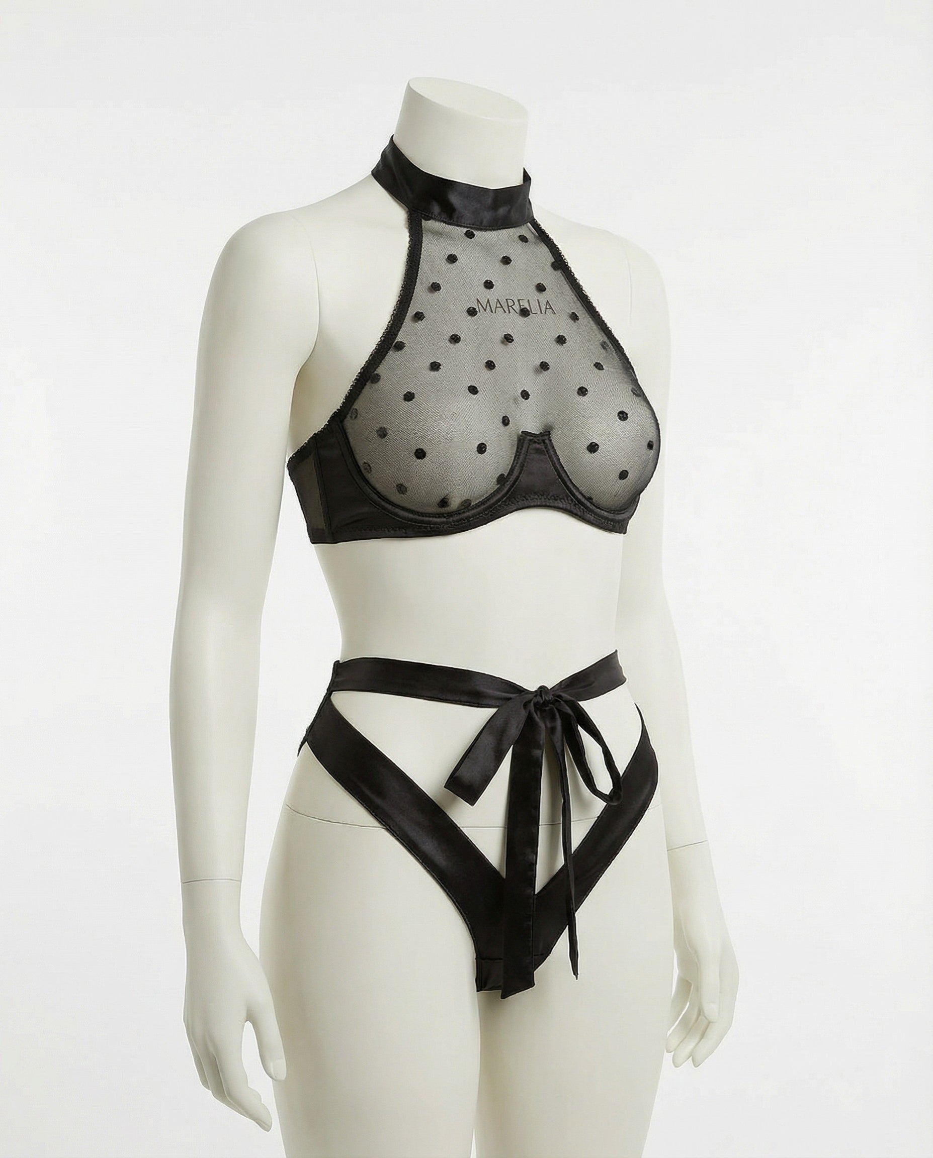 Marelia - Polka Dot Mesh Halter Bra And G-String Set