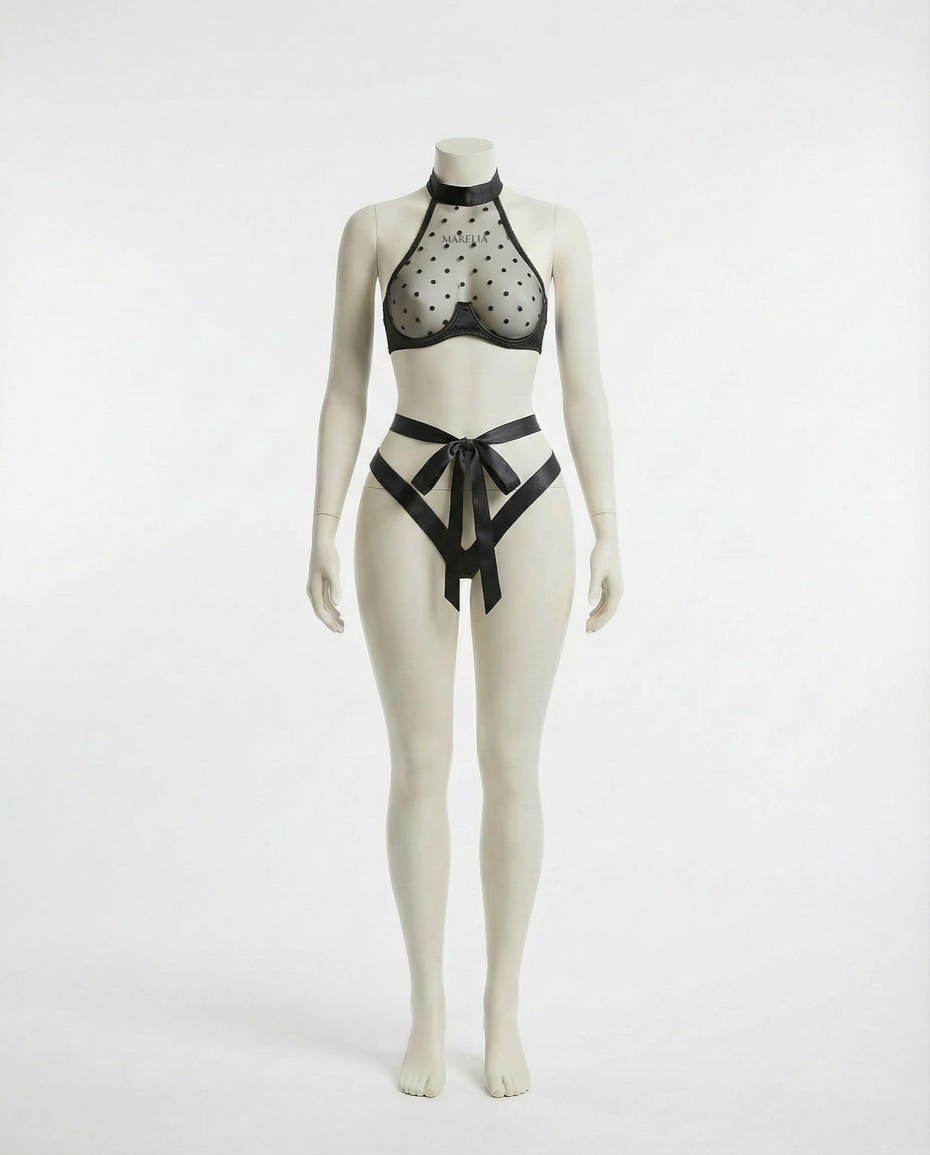 Marelia - Polka Dot Mesh Halter Bra And G-String Set