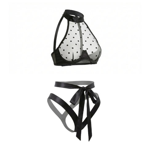 Marelia - Polka Dot Mesh Halter Bra And G-String Set