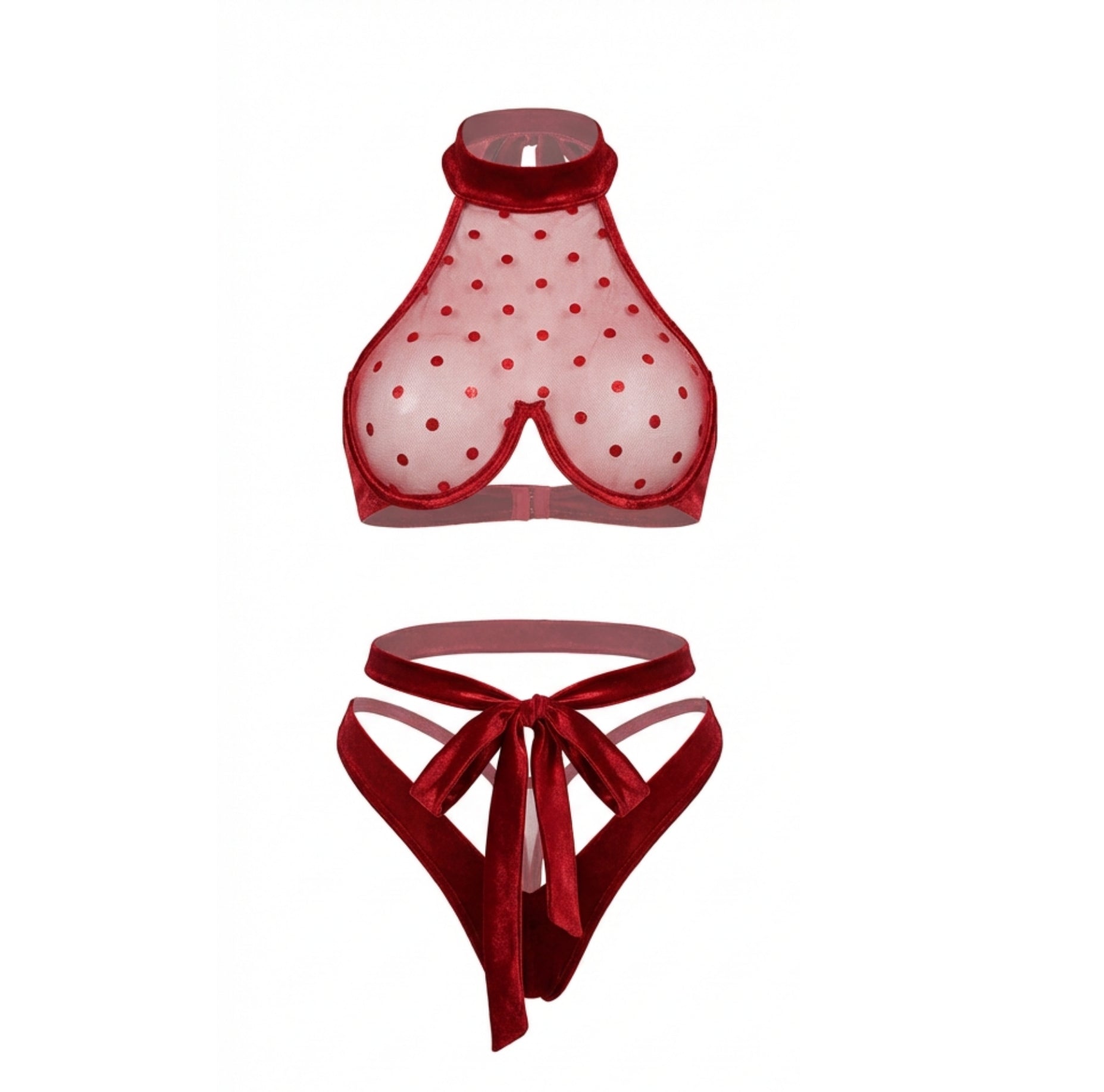 Marelia - Polka Dot Mesh Halter Bra And G-String Set