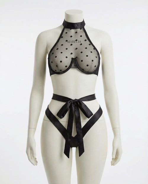 Marelia - Polka Dot Mesh Halter Bra And G-String Set